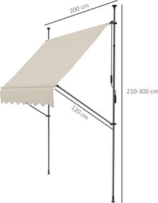Toldo retrátil manual autoportante, 2,0 m (L) x 1,2 m (P) x 2,1–3,0 m (A), inclinação ajustável, metal, alumínio, poliéster, cor areia