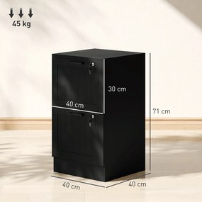 Bloco gavetas escritório 40 x 40 x 71 cm em madeira com 2 gavetas e fechadura, varas de suspensão ajustáveis, preto