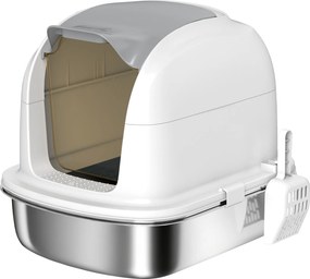 PawHut Caixa de Areia em Aço Inoxidável com Tampa, Caixa Sanitária com Bandeja, Pá para Areia, para gato até 5 kg, 52,4 x 41,3 x 42 cm, Branco | Aosom Portugal