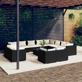 vidaXL 13 pcs conjunto lounge de jardim c/ almofadões vime PE preto