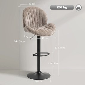 Conjunto de 2 bancos de bar em forma de concha, com encosto, altura ajustável e apoio para os pés, estrutura em aço, castanho
