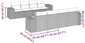 9 pcs conjunto de sofás p/ jardim c/ almofadões vime PE preto