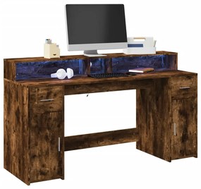 vidaXL Secretária luzes LED 160x55x91cm deriv. madeira carvalho fumado