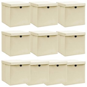 288360 vidaXL Caixas de arrumação com tampa 10 pcs 32x32x32 cm tecido creme