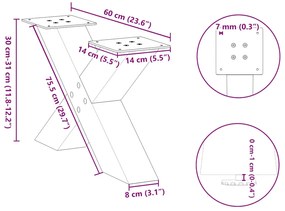 Pés para mesa de centro em formato de X, 2 peças, aço natural, 60x(30-