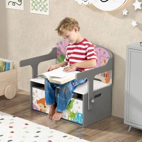 Conjunto de mesa e cadeira para crianças com 2 recipientes de pano amovíveis Mesa para crianças 3 em 1 com banco de actividades convertível Cinzento