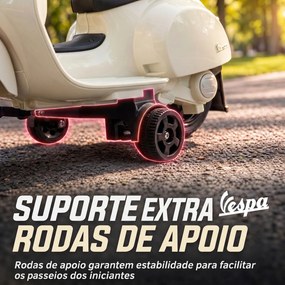 Mota Elétrica Infantil 6V para crianças 18-36 meses Mini Vespa GTS com 2 Rodas Auxiliares, Bateria de Lítio, Farol, Buzina e Encosto, Branco