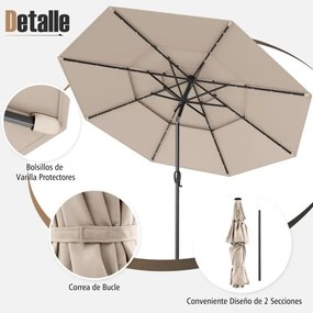 Guarda-sol Jardim de 313 cm com 32 luzes LED Teto ventilado de 3 níveis Ajuste de inclinação Bege