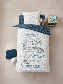 Conjunto capa de edredon + fronha de almofada para criança, em algodão bio*, Protect Nature azul escuro liso com motivo