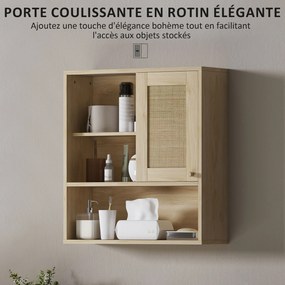Armário de parede de casa de banho 60L x 19,8l x 65A cm, com porta de correr em rattan e prateleiras abertas, madeira natural