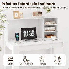 Secretária de computador 108 x 60 x 125 cm com estante com tomadas e orifício para cabos branca