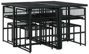 9 pcs conjunto de jantar p/ jardim c/ almofadões vime PE preto