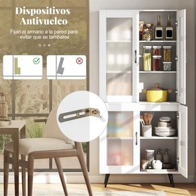 Armário despensa de cozinha 80 x 40 x 178,5 cm, com 4 portas transparentes e prateleira ajustável branco