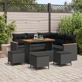 Conjunto de Sofá de Jardim vidaXL com 9 Peças e Almofadas Preto Rattan Polipropileno Acácia