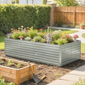Floreira jardim 240 x 120 x 60 cm, elevada galvanizada com rebordo de segurança e fundo aberto, cinzento prateado