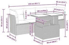 5 pcs conjunto sofás de jardim c/ almofadões vime PE cinzento