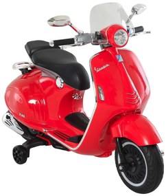 HOMCOM Mota Elétrica Vespa com Faróis Música 2 Rodas Auxiliares para Crianças acima de 3 Anos 108x49x75 cm Vermelha