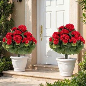 Conjunto de 2 árvores topiárias artificiais de begónia com 22 flores (VASOS NÃO INCLUIDOS), 300 folhas e estacas com terra, 57 cm, para interior, exte