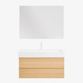 Conjunto De Móvel De Casa De Banho Em Madeira E Chapa De Freixo Com Lavatório Integrado Ona Madeira Natural & Retangular Led - Sklum