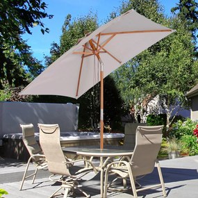 Chapéu de Sol de Jardim 200x150x230cm Chapéu de Sol Retangular Inclinável com Polia Duplo Teto e Mastro Desmontável de Madeira para Terraço Pátio Cinz