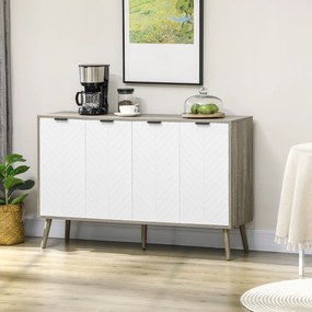 Aparador cozinha baixo 120 x 35 x 77,4 cm com 2 armários de 4 portas, padrão em espinha, prateleiras ajustáveis, branco e cinzento