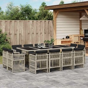 13 pcs conj. jantar jardim c/ almofadões vime PE cinzento-claro