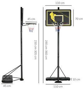 SPORTNOW Tabela de Basquetebol com Rodas Altura Ajustável 230-305cm Ce