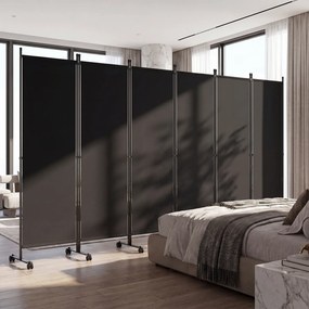 Biombo Separador de Espaço Dobrável de 6 Painéis, 331,5 x 35,5 x 173 cm, Rodas com Travão, Preto