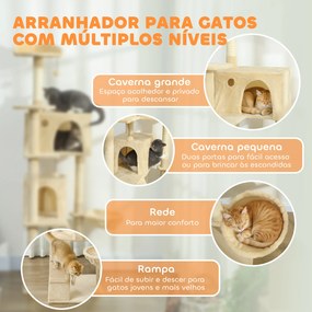 Arranhador para Gatos com Múltiplas Plataformas Cama 2 Cavernas Rede Escada Postes de Sisal 56x56x180 cm Bege