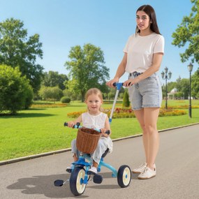 Triciclo para Bebés 2 em 1 Triciclo Evolutivo para Crianças com Barra Parental Ajustável Apoio para Pés Rebatível e Cesto 93,5x47x96 cm Azul