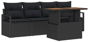 Conjunto de Sofá de Jardim de 5 Peças com Almofadas Pretas de Rattan A