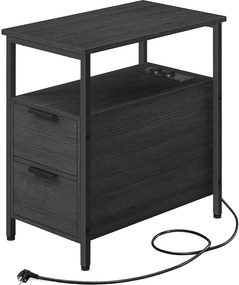 Mesa de apoio, mesa de cabeçeira com 2  tomadas eléctricas e 2 portas USB com 2 gavetas cinzento antracite-preto clássico