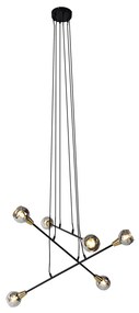 Candeeiro de suspensão preto com latão e vidro fumê 6 luzes - Vidro Moderno,Art Deco