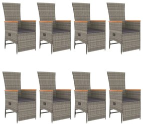 9 pcs conjunto de jantar p/ jardim c/ almofadões vime PE cinza