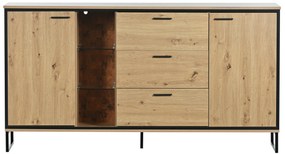 Credenza Moderna em Madeira com Três Gavetas, Duas Portas e Prateleiras,160x40x85cm, Preto e Cor Natural