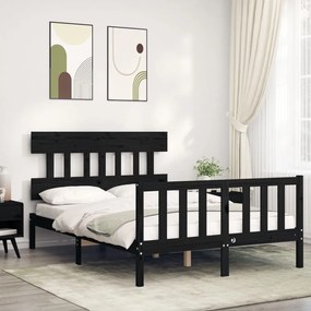 vidaXL Estrutura de cama de casal com cabeceira madeira maciça preto