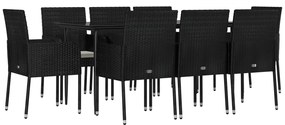 9 pcs conjunto de jantar p/ jardim c/ almofadões vime PE preto