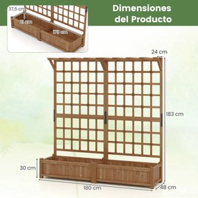 Floreira de jardim elevada em madeira 180 x 48 x 183 cm, com treliça, teto suspenso, 2 caixas, tabuleiro removível, plantas trepadeiras, flores, café