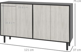 Armário de cozinha 121 x 37 x 75 cm com 2 armários e prateleiras ajustáveis com acabamento em madeira cinzenta e preto