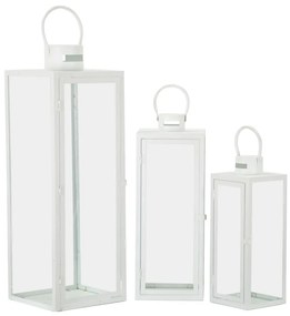 Conjunto de 3 Lanternas Brancas em Metal e Vidro – 66 cm, 49,5 cm e 39