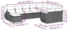 10 pcs conjunto sofás de jardim c/ almofadões vime PE cinzento