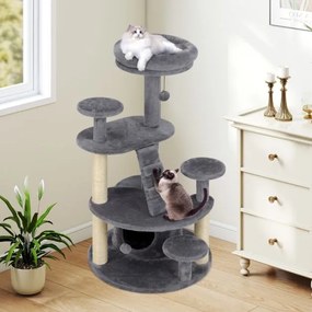 Arranhador para gatos com caverna, bola e escada, cinzento