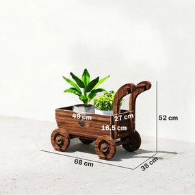 Carrinho de Madeira Decorativo Vaso Elevado com 4 Rodas Pega Orifícios de Drenagem 68x38x52 cm Carbonizado