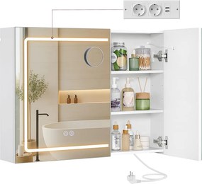 Armário com espelho, iluminação LED e estação de carregamento 16,5 x 80 x 60 cm Branco
