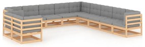 11 pcs conjunto lounge de jardim c/ almofadões pinho maciço