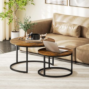 Conjunto de 2 mesas baixas encaixáveis e empilháveis, de design industrial, com tampo em imitação de cimento e pés em metal castanho rústico