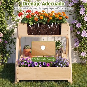 Floreira vertical em madeira de abeto 66 x 58 x 60 cm com 3 vasos e estante de arrumação aberta, com orifícios de drenagem, para jardim ou pátio, natu