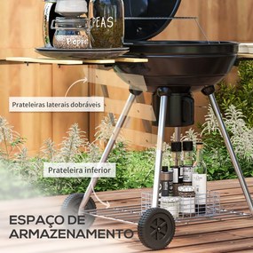 Outsunny Barbecue a Carvão Barbecue Portátil com 2 Rodas Prateleiras D