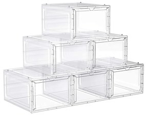Caixas de sapatos SONGMICS, organizadores de plástico para sapatos com portas transparentes, conjunto de 6, empilháveis, fácil montagem, 27 x 34,5 x 19 cm, tamanho até o Reino Unido 10, branco LSP032W06