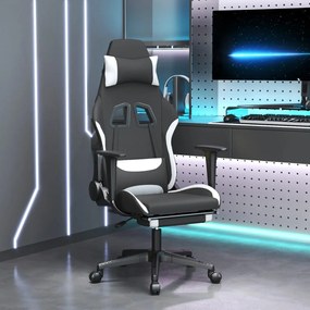 345508 vidaXL Cadeira de gaming com apoio de pés tecido preto e branco